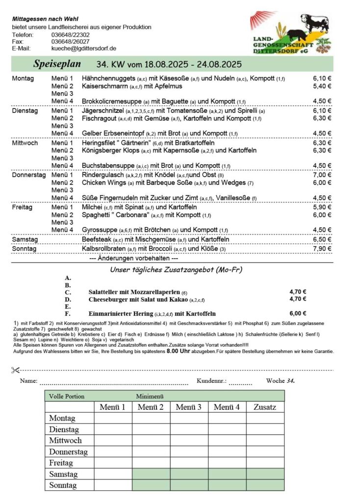 Speiseplan für die 34. Kalenderwoche