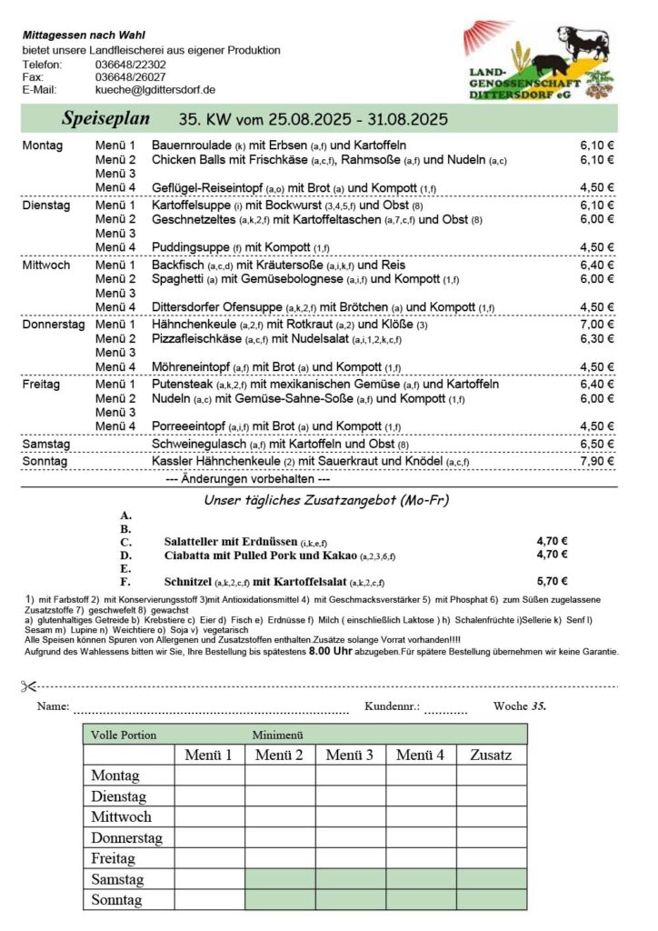 Speiseplan für die 35. Kalenderwoche