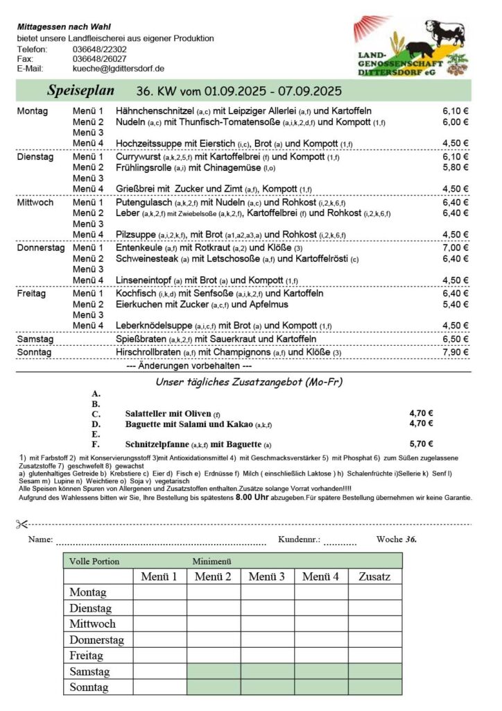 Speiseplan für die 36. Kalenderwoche