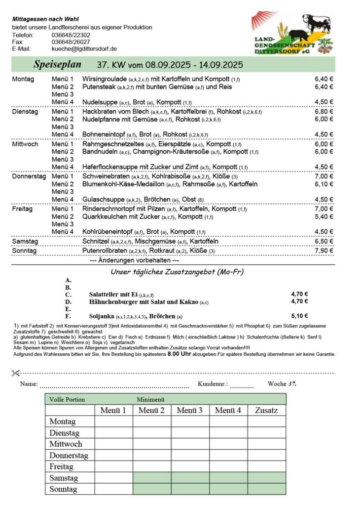 Speiseplan für die 37. Kalenderwoche