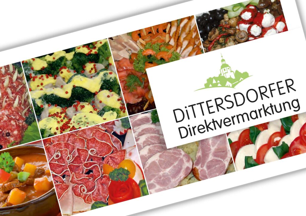 Ein Bild des Dittersdorfer Partyserviceflyer aus dem Jahr 2024 Es sind verschiedene Wurst- und Gemüseplatten und ein Eintopf zu sehen