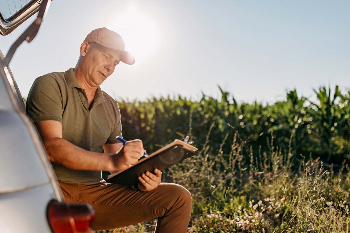 Landwirt im Sonnenlicht bearbeitet eine Checkliste in einem reifen Maisfeld