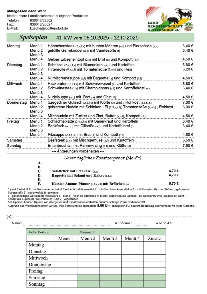 Speiseplan für die 41. Kalenderwoche