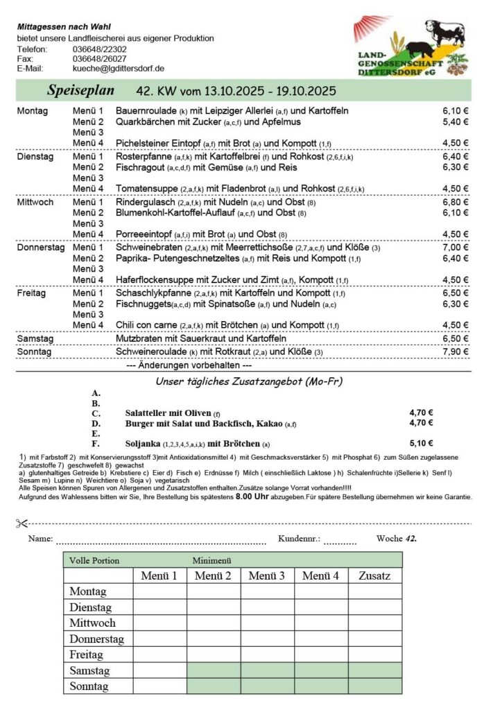 Speiseplan für die 42. Kalenderwoche