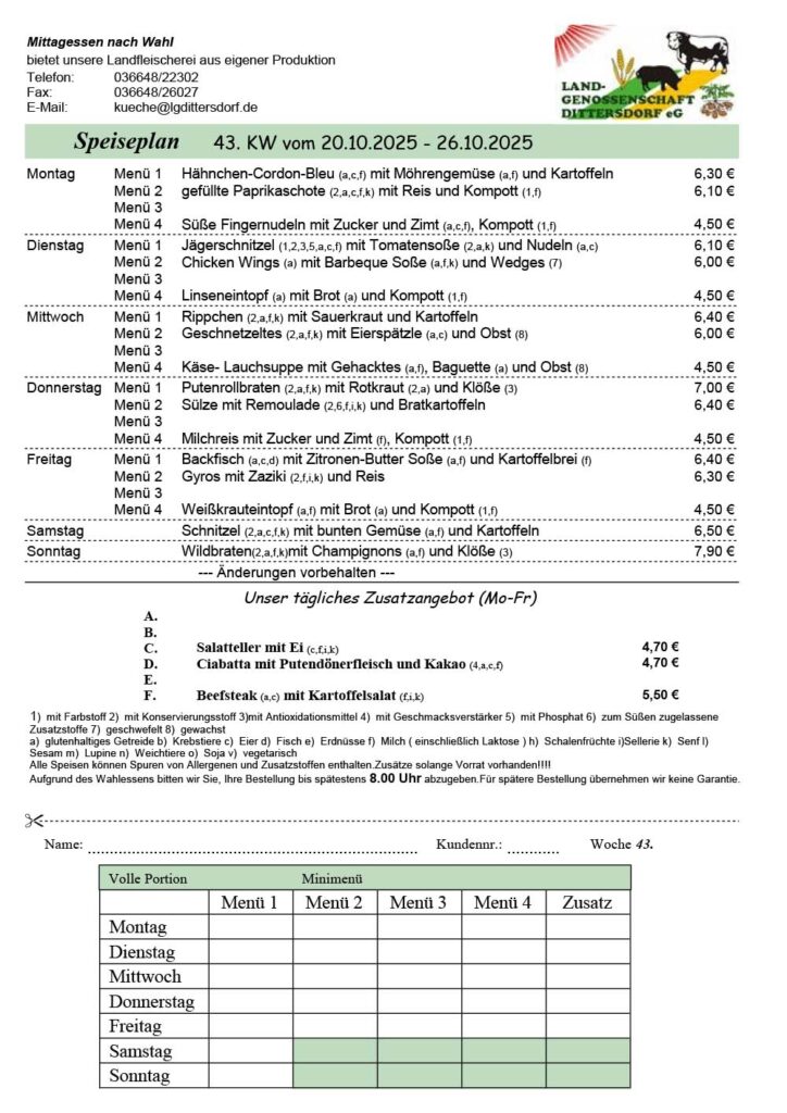 Speiseplan für die 43. Kalenderwoche