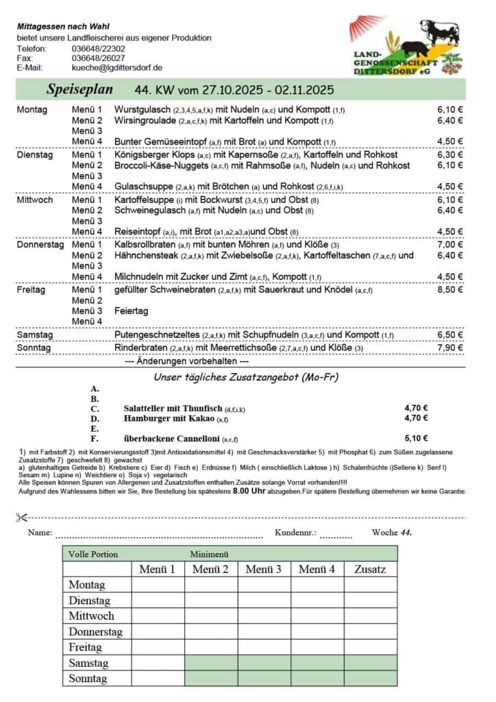 Speiseplan für die 44. Kalenderwoche