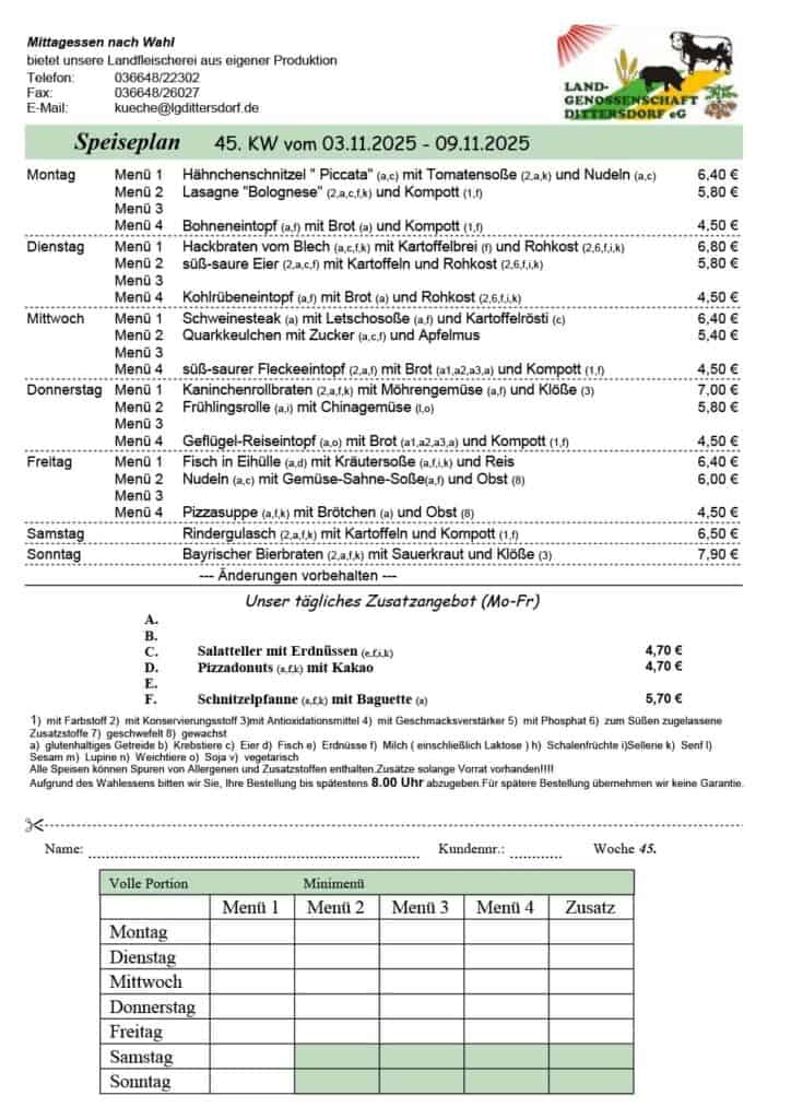 Speiseplan für die 45. Kalenderwoche
