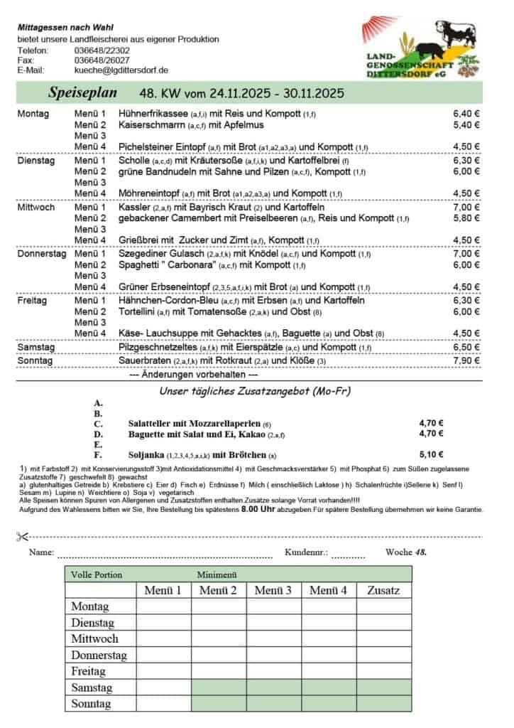 Speiseplan für die 48. Kalenderwoche