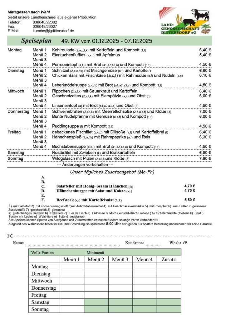 Speiseplan für die 49. Kalenderwoche