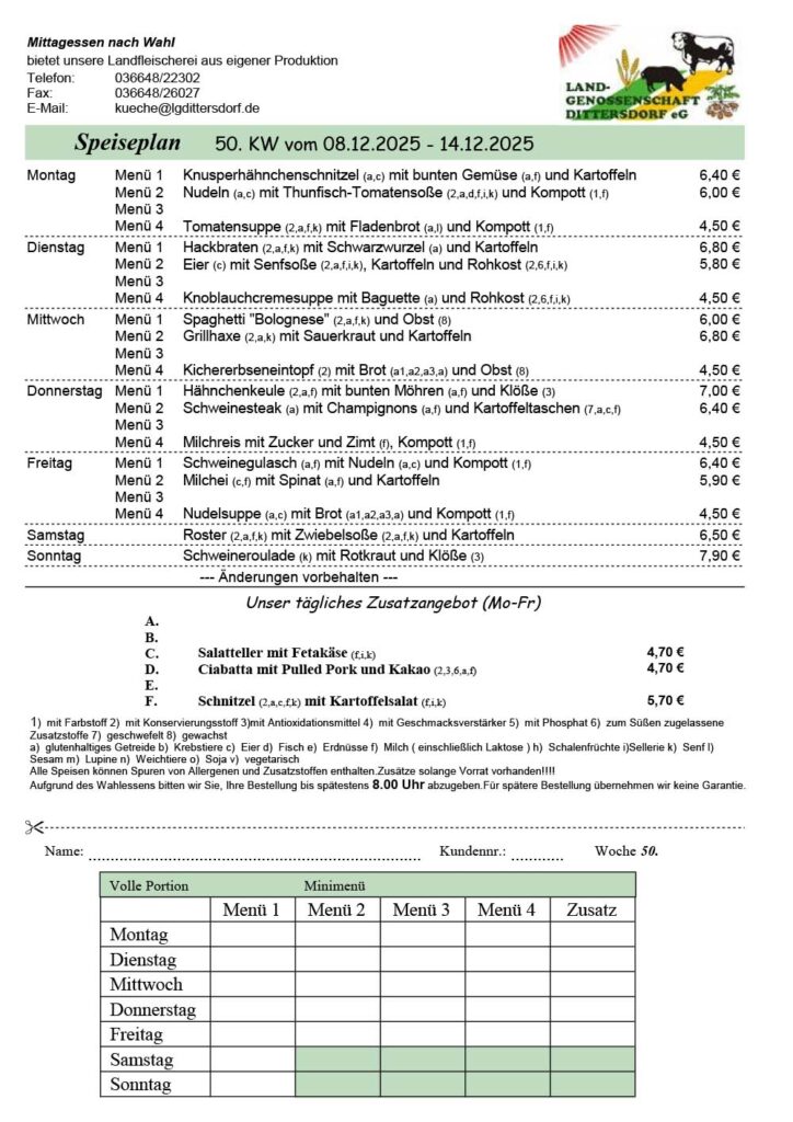 Speiseplan für die 50. Kalenderwoche