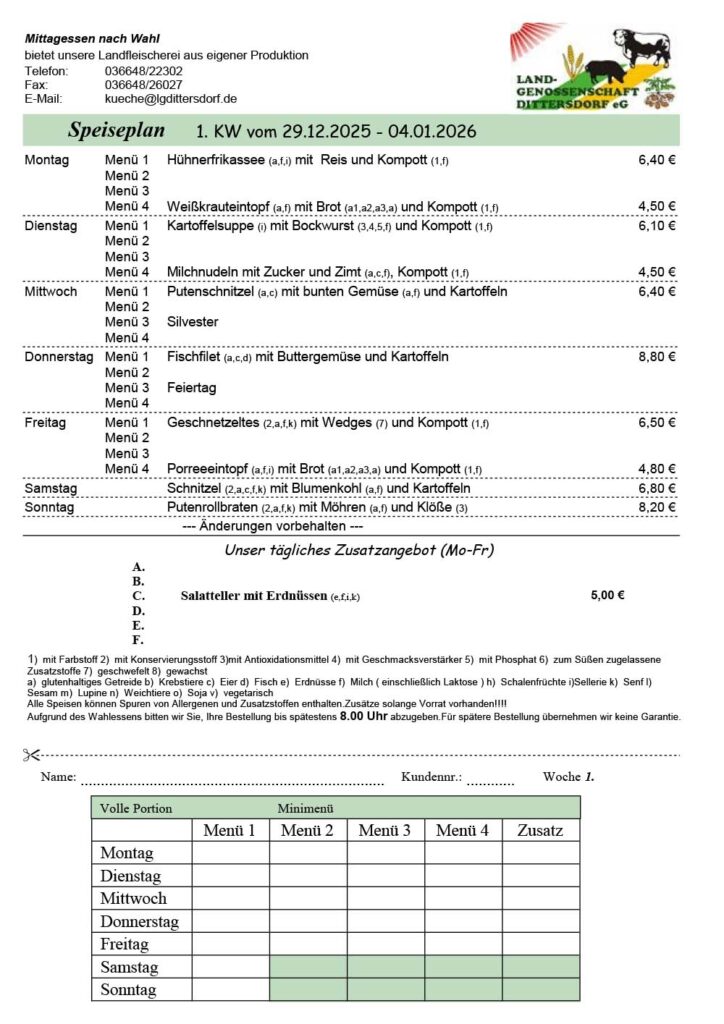 Speiseplan für die 01. Kalenderwoche