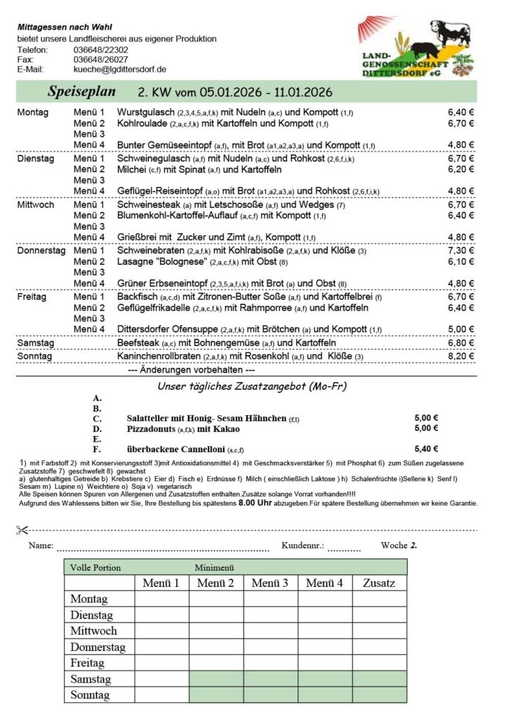 Speiseplan für die 02. Kalenderwoche