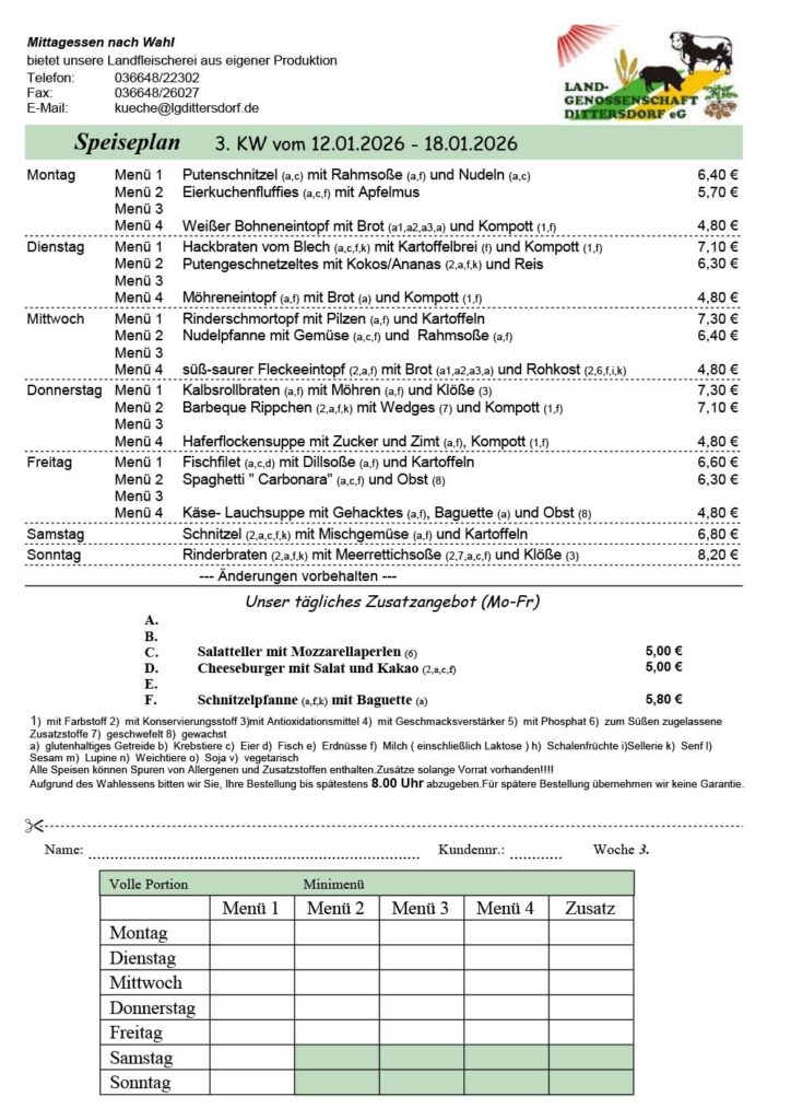 Speiseplan für die 03. Kalenderwoche