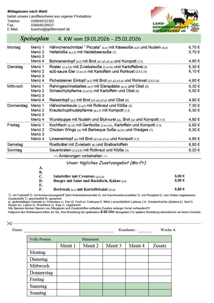 Speiseplan für die 04. Kalenderwoche