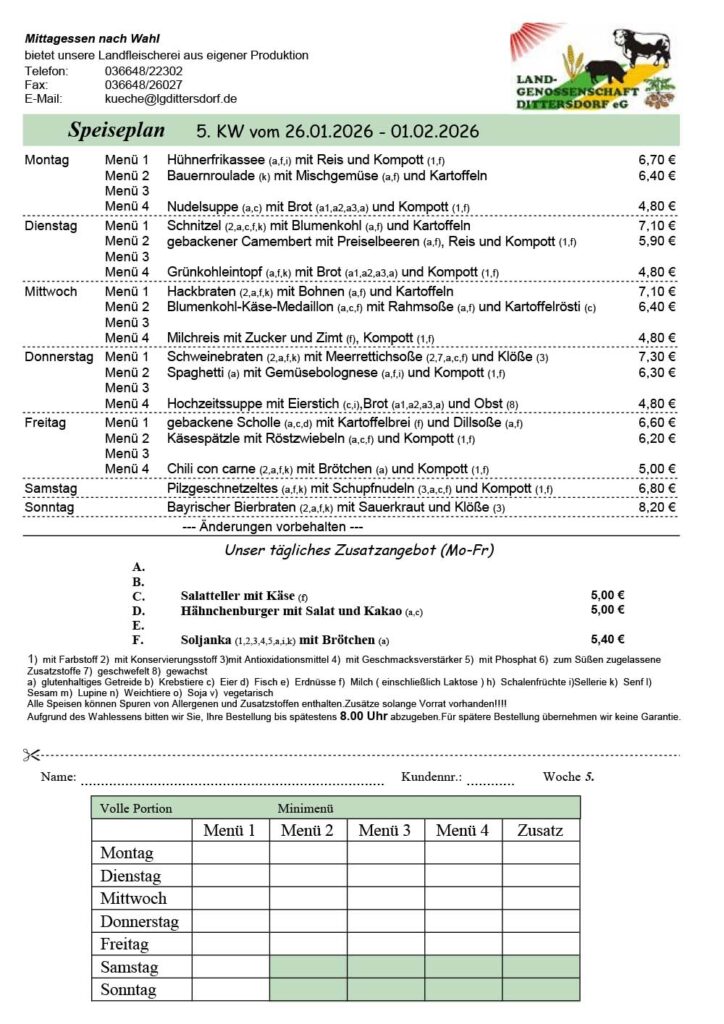Speiseplan für die 05. Kalenderwoche
