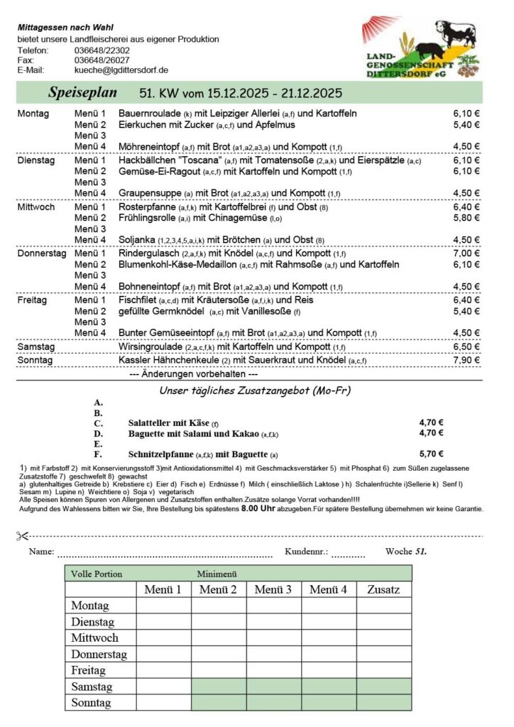 Speiseplan für die 51. Kalenderwoche