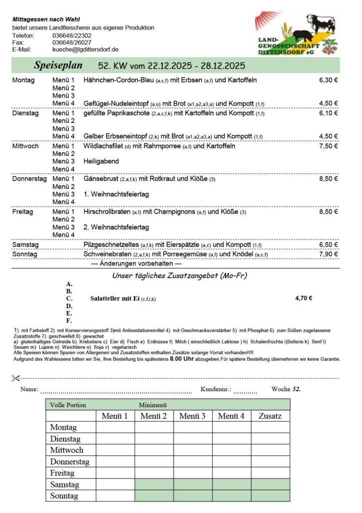 Speiseplan für die 52. Kalenderwoche