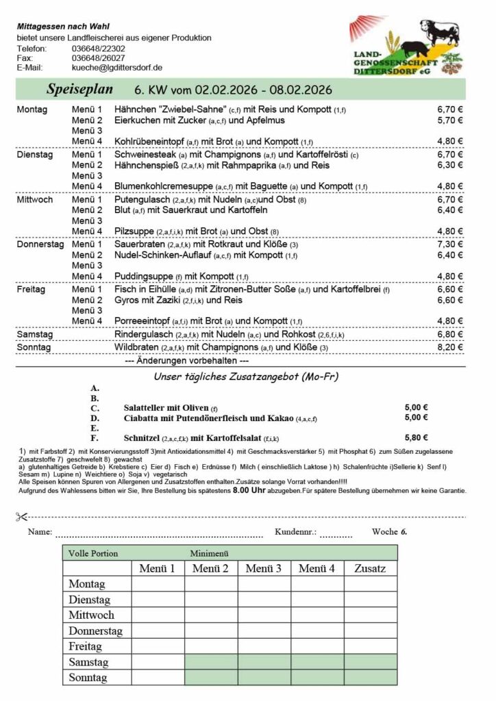 Speiseplan für die 6. Kalenderwoche