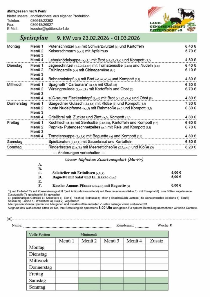 Speiseplan für die 9. Kalenderwoche