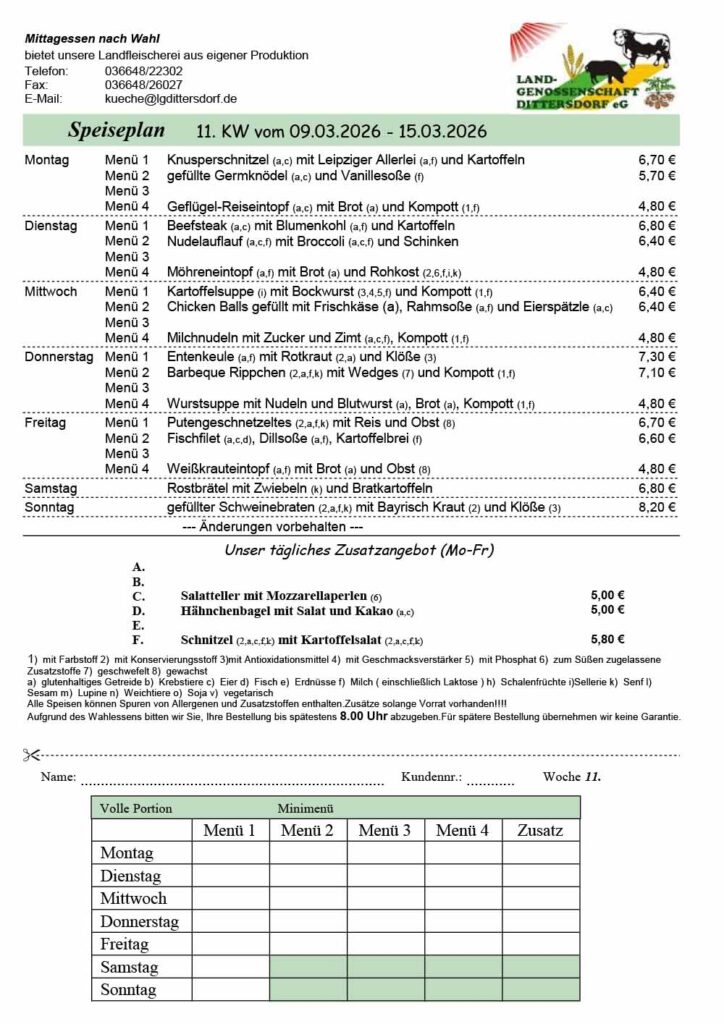 Speiseplan für die 11. Kalenderwoche