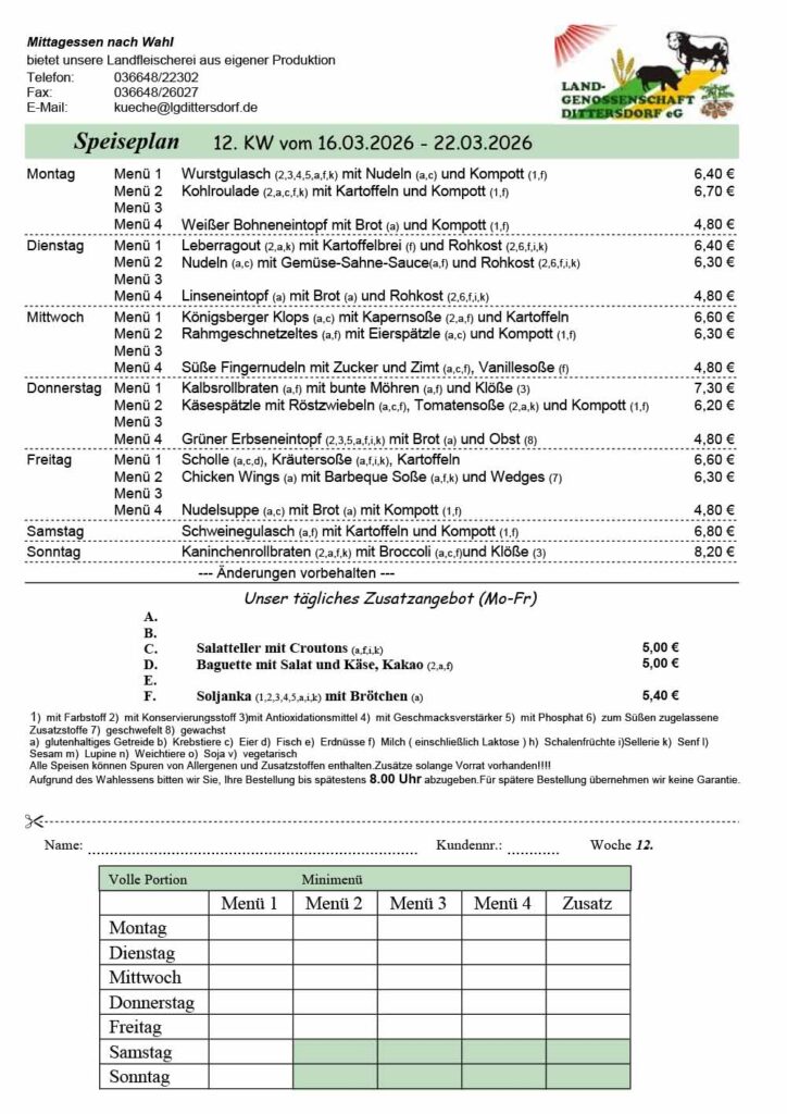Speiseplan für die 12. Kalenderwoche