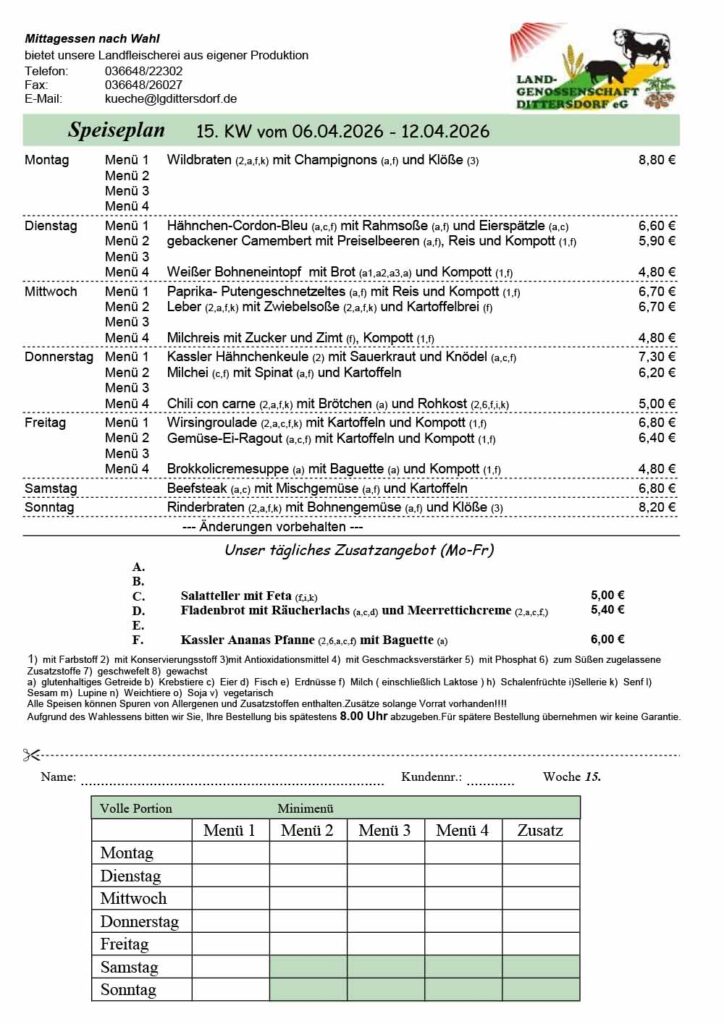 Speiseplan für die 15. Kalenderwoche