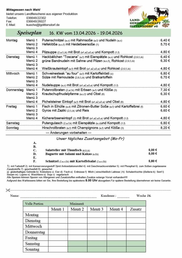 Speiseplan für die 16. Kalenderwoche