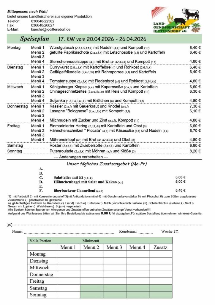 Speiseplan für die 17. Kalenderwoche