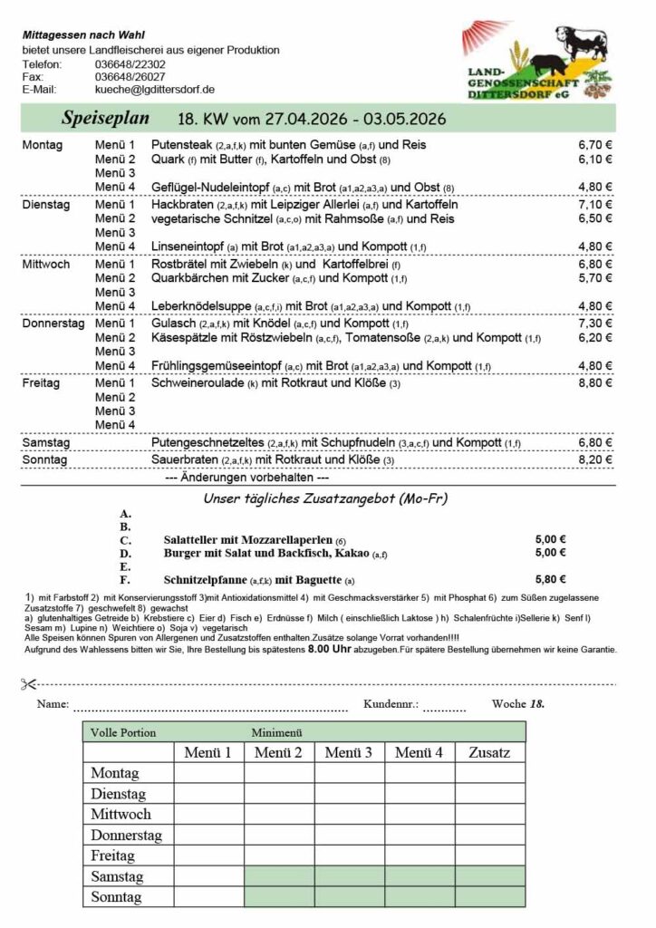 Speiseplan für die 18. Kalenderwoche