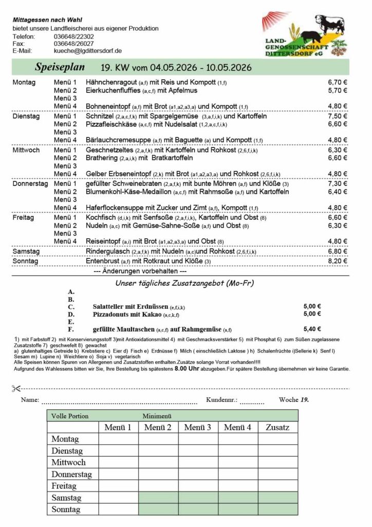 Speiseplan für die 19. Kalenderwoche