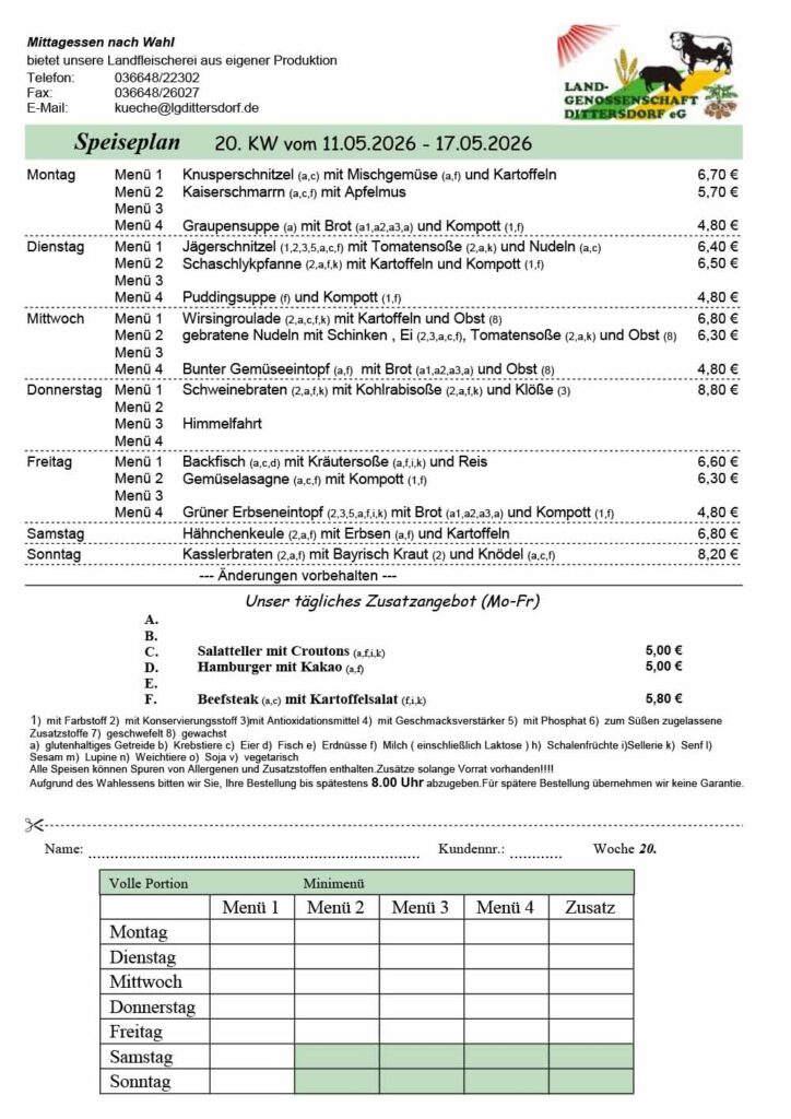 Speiseplan für die 20. Kalenderwoche