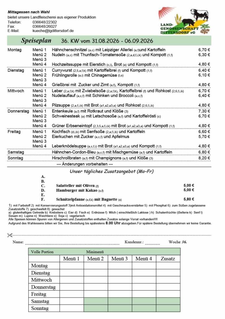 Speiseplan für die 36. Kalenderwoche