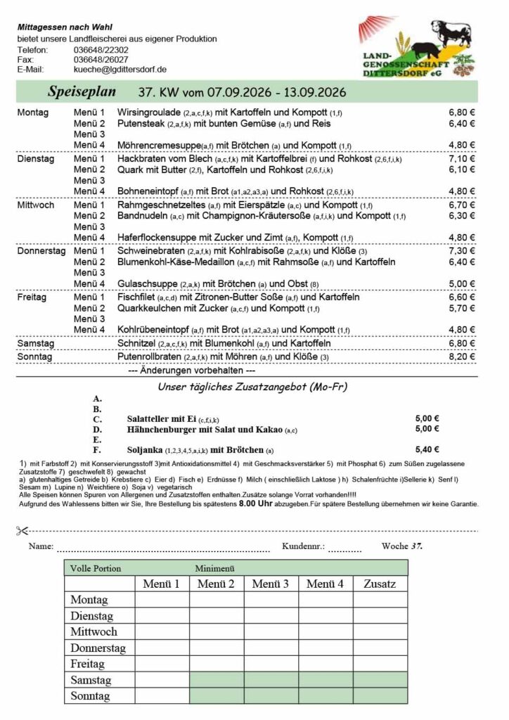 Speiseplan für die 37. Kalenderwoche