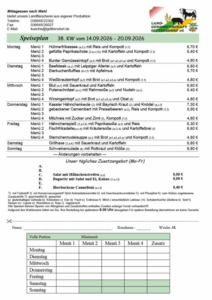 Speiseplan für die 38. Kalenderwoche