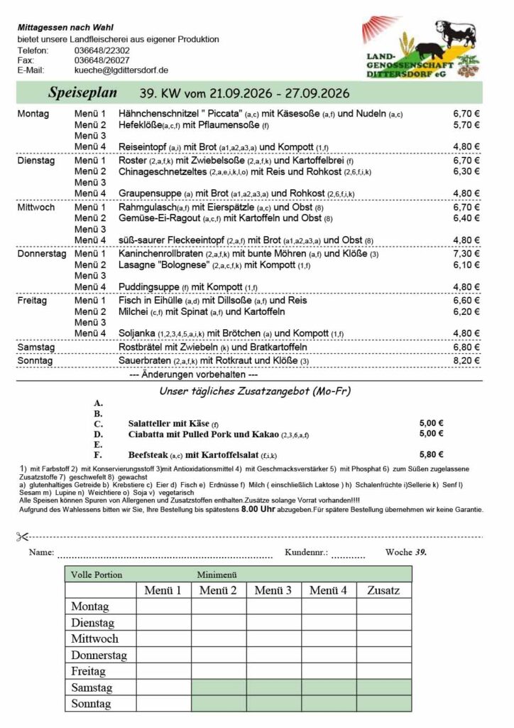 Speiseplan für die 39. Kalenderwoche
