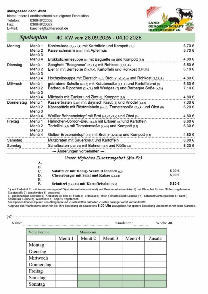 Speiseplan für die 40. Kalenderwoche