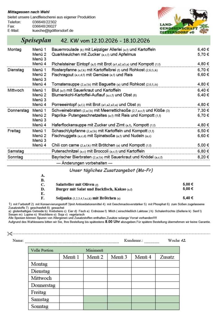 Speiseplan für die 42. Kalenderwoche
