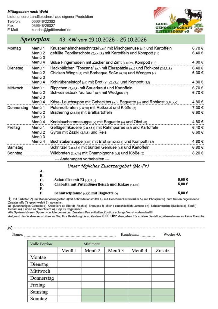 Speiseplan für die 43. Kalenderwoche