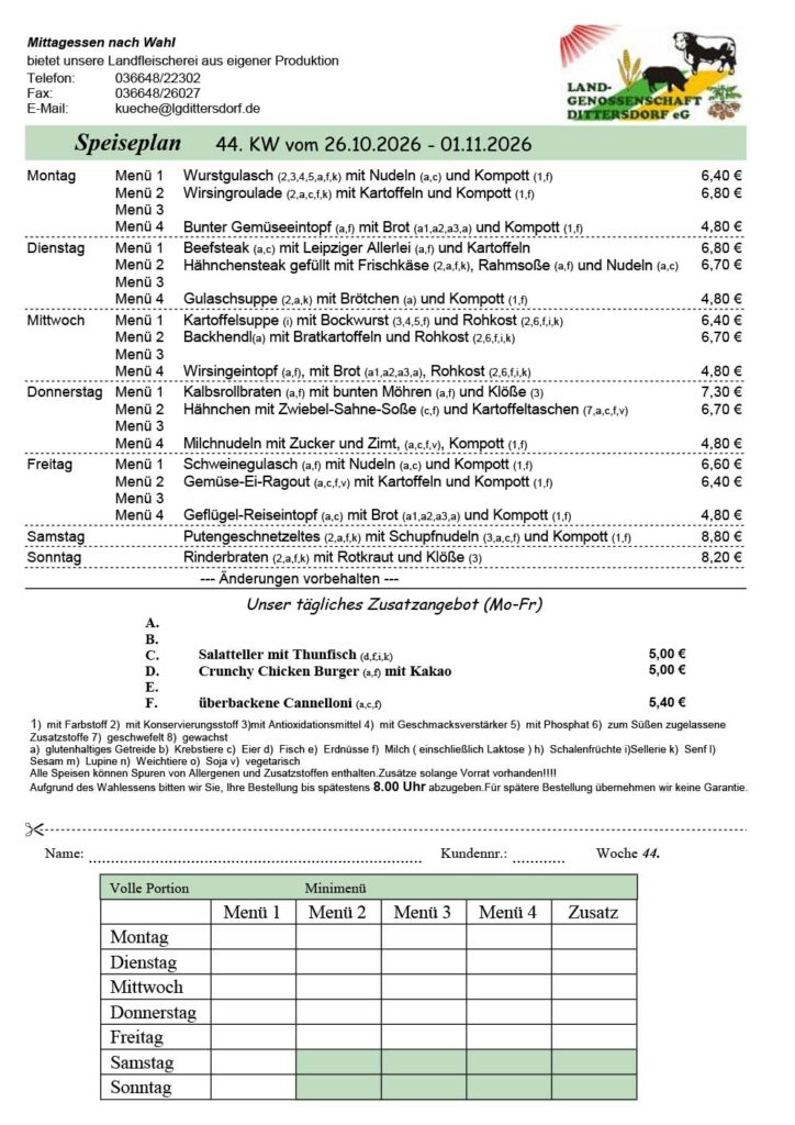 Speiseplan für die 44. Kalenderwoche