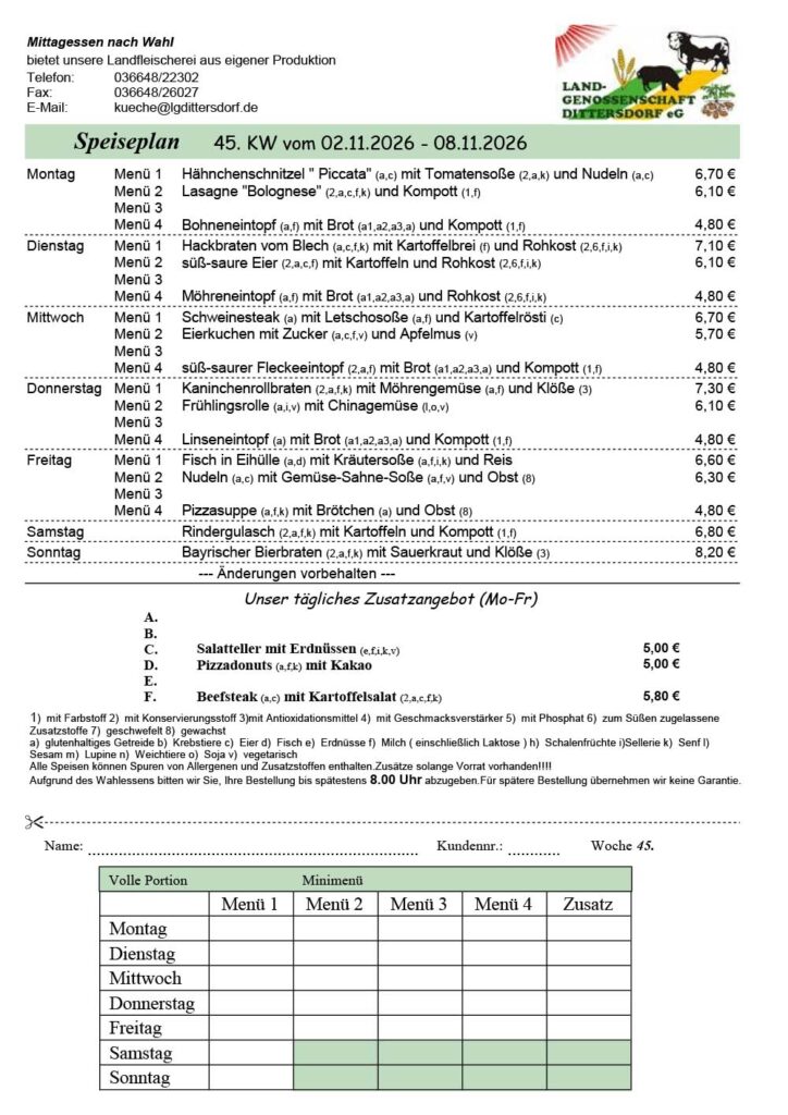 Speiseplan für die 45. Kalenderwoche